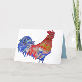 Cartão Galo Vermelho e Azul Aquarela Galo Frango
