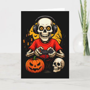 Cartão Gamer Esqueleto Jogando Video Games Halloween Espa