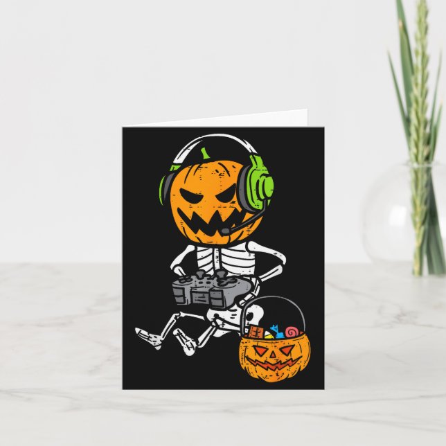 Cartão Gamer Pumpkin Skeleton Funny Halloween Gaming Boys (Frente)
