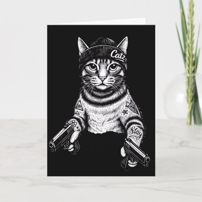 Cartão Gangster Cat Tattoo Art | Cool Streetwear Kitty (Frente)