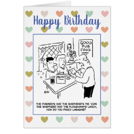 Cartão Garçom no Pub Pergunta se os clientes Rico Lasagna