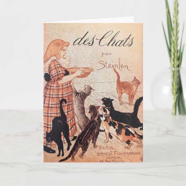 Cartão Garota alimentando gatos Vintage Steinlen Poster (Frente)