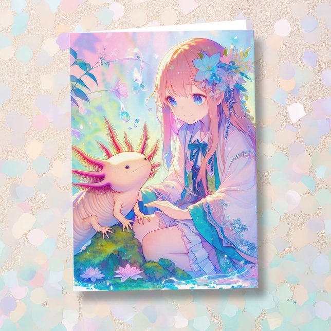 Cartão Garota Anime um Aniversário Personalizado Axolotl (Criador carregado)