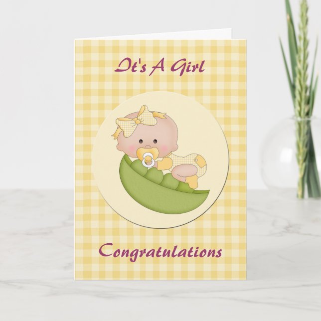 Cartão Garota bebê em um limão de pod Gingham (Frente)