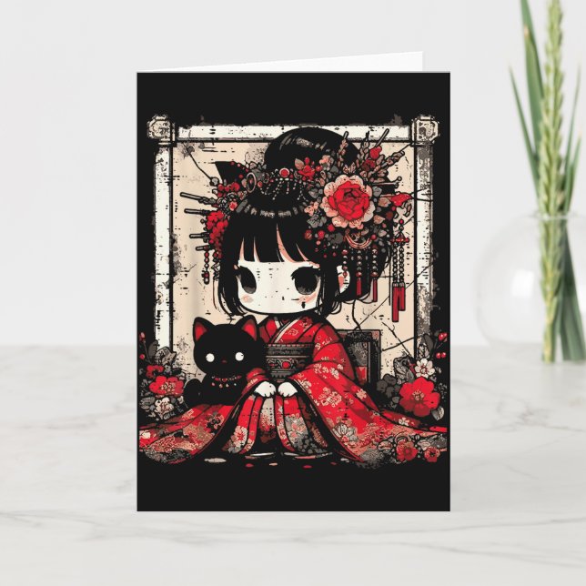 Cartão Garota Chibi Kimono Gato Preto Flores Arte Japones (Frente)