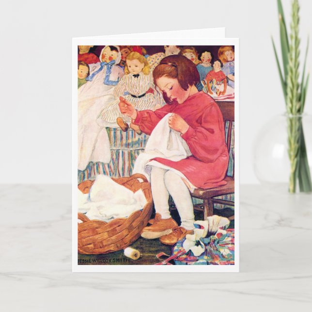 Cartão Garota Costurando, Jessie Willcox Smith (Frente)