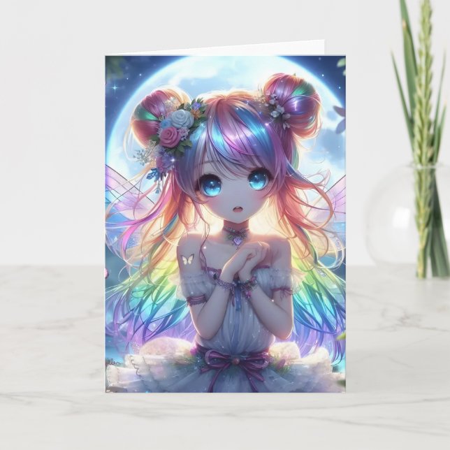 Cartão Garota de Anime Cabelo Arco-íris Cantando Fada da  (Frente)