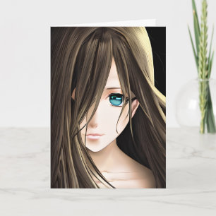 Cartão Garota de anime de cabelo castanho e olhos azuis