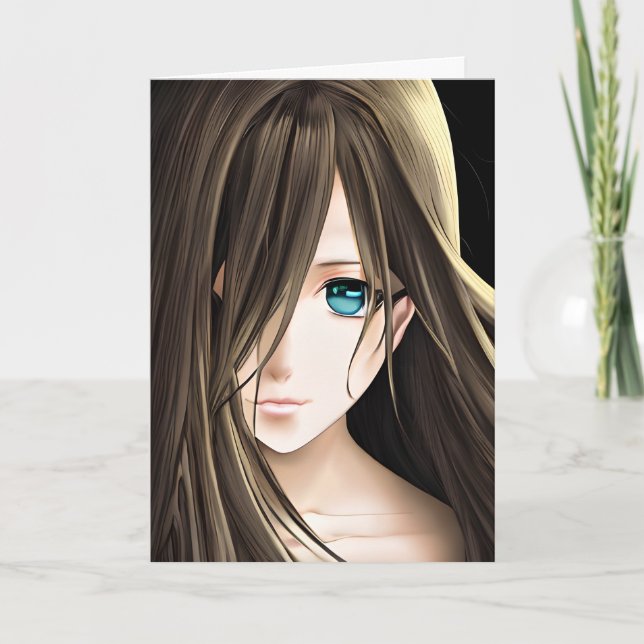 Cartão Garota de anime de cabelo castanho e olhos azuis (Frente)