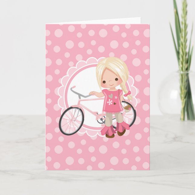 Cartão Garota de Bicicleta Loira - Rosa Branco (Frente)