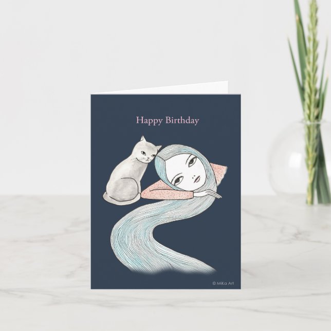 Cartão Garota de Cabelo Longo e um Gato de Testemunha de  (Frente)