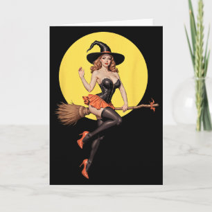 Cartão Garota de Capa de Bruxa de Halloween a Cavalo numa