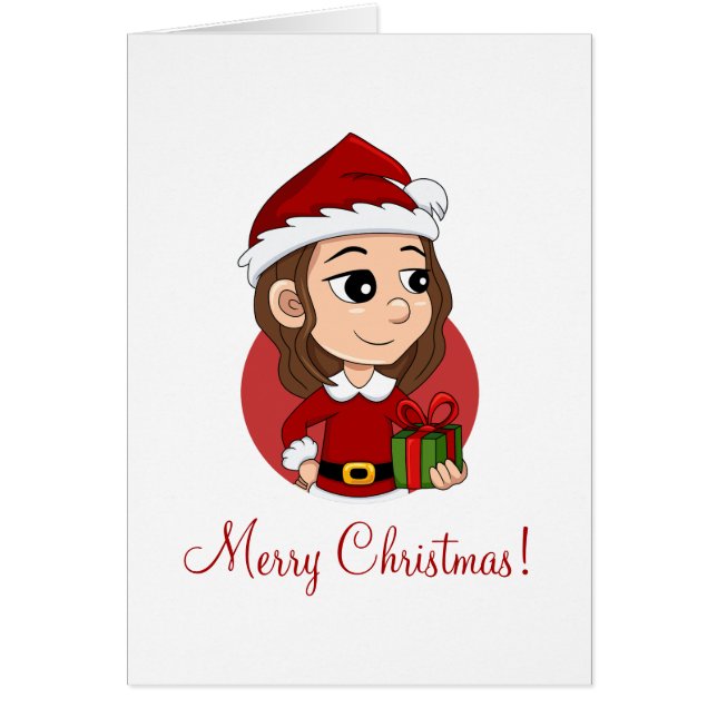 Cartão Garota de Natal com cabelo ondulado castanho (Frente)
