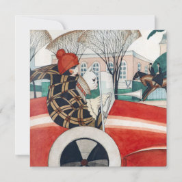 Cartão Garota e Cachorro num Automóvel Vermelho