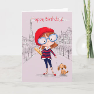 Cartão Garota em Paris com um cachorro, Feliz Aniversário