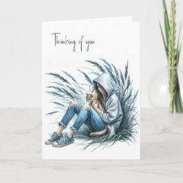 Cartão Garota em um capuz segurando um gato de estimação