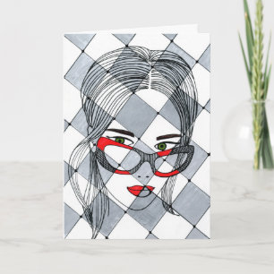 Cartão Garota Fashion Chic com Óculos Vermelhos Arte Abst