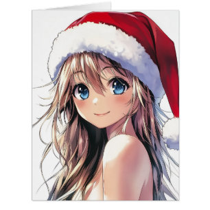 Cartão Garota Festiva Santa Hat com Olhos Azuis Brilhante