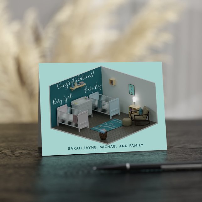 Cartão Garota Gêmea Novos Pais Parabéns (Congratulations! There's twins in the house. Send this card to the new parents. Just add their names)