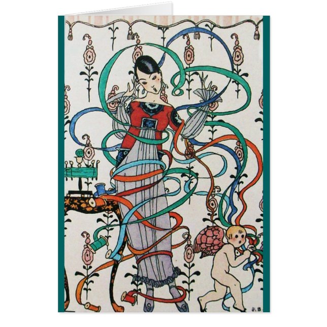 CARTÃO GAROTA JOVEM, SUÍNOS DE BORRACHA COLORIDA, CUPIDA, (Frente)