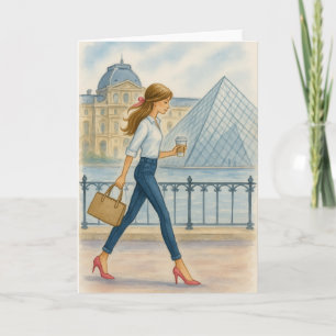 Cartão Garota Parisiense Chique pelo Louvre