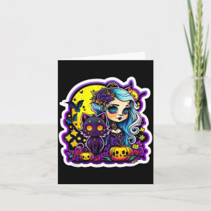 Cartão Garota Pastel Goth Gato Preto Arte de Halloween