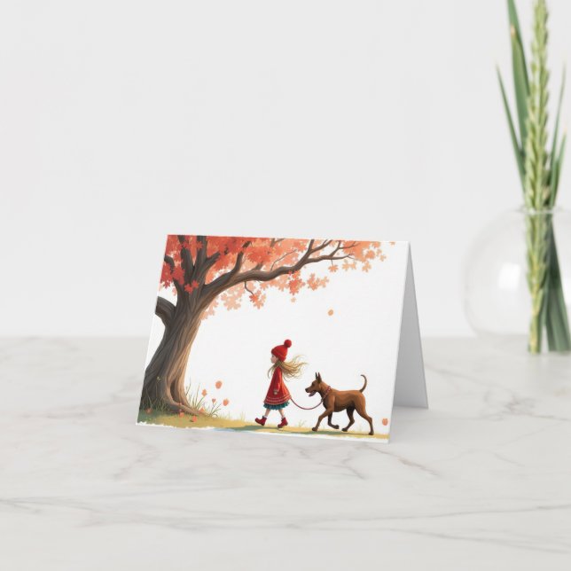 Cartão Garota Pequena Caminhando Seu Cachorro Grande (Frente)