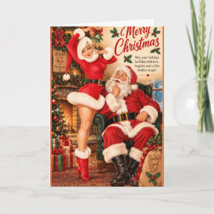 Cartão Garota Pin-Up de Natal Vintage e Papai Noel