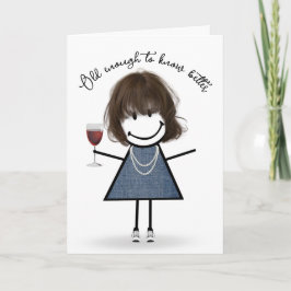 Cartão Garota Vestida de Aniversário com Vidro de Vinho