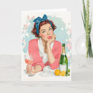 Cartão Garota Vintage com Champanhe Rosa