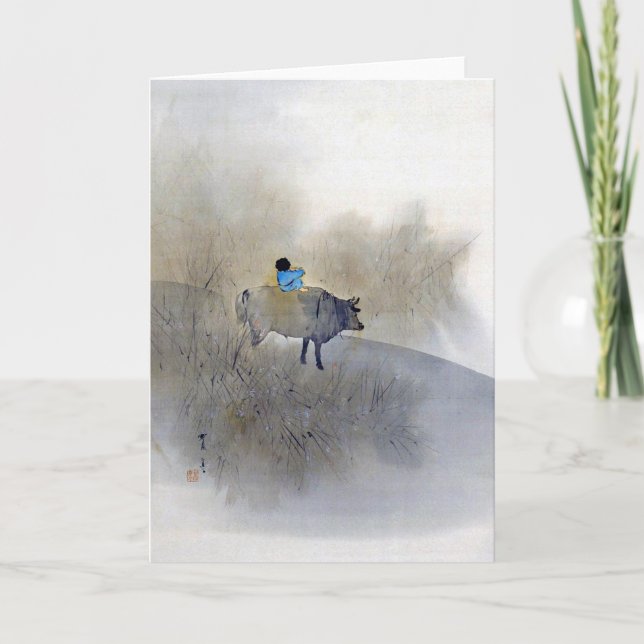 Cartão Garoto andando uma vaca e soprando uma flauta, Sei (Frente)