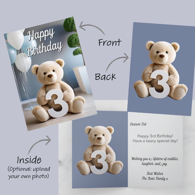 Cartão Garoto aniversário de 3 anos Cute Teddy Bear e Bal (Baby boy 3rd third birthday card. Blue & white balloons. White teddy bear holds number 3)