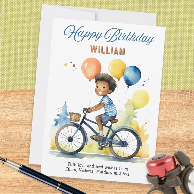 Cartão Garoto Colorido dos Balões no Bicicleta Feliz Aniv (A personalized birthday card with picture of a boy on a bicycle with balloons)