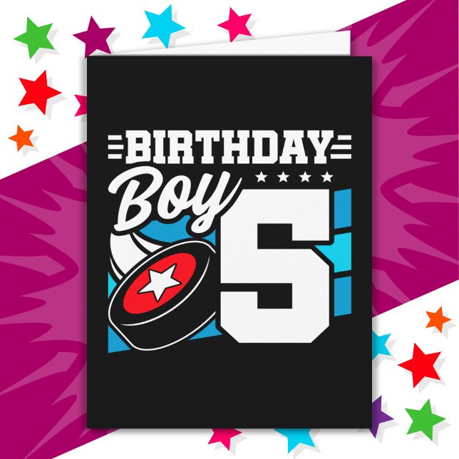 Cartão Garoto de 5 de Aniversário de Festa de Hóquei de 5 (Criador carregado)