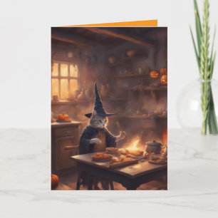 Cartão Gata Bruxa faz uma Sopa de Halloween e um poema