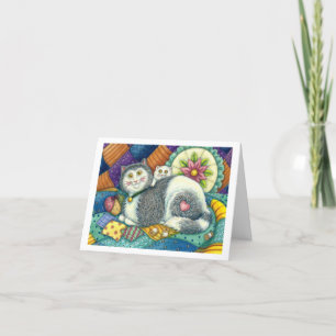 CARTÃO GATA MÃE & GATINHO, COBERTAS PATCHWORK, ALFINETEIR