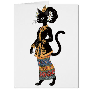 Cartão Gata Preta na Arte Tradicional de Kebaya em Batik