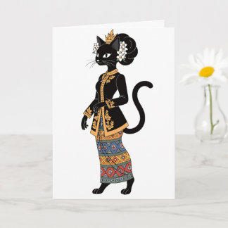 Cartão Gata Preta na Arte Tradicional de Kebaya em Batik