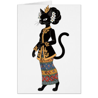 Cartão Gata Preta na Arte Tradicional de Kebaya em Batik