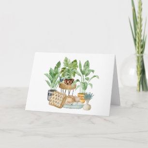 Cartão Gatinho Adormecido em Aquarela e Plantas Doméstica