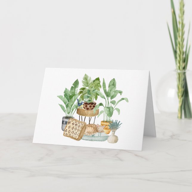 Cartão Gatinho Adormecido em Aquarela e Plantas Doméstica (Frente)