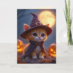 Cartão Gatinho bonito numa fantasia de bruxa, Halloween