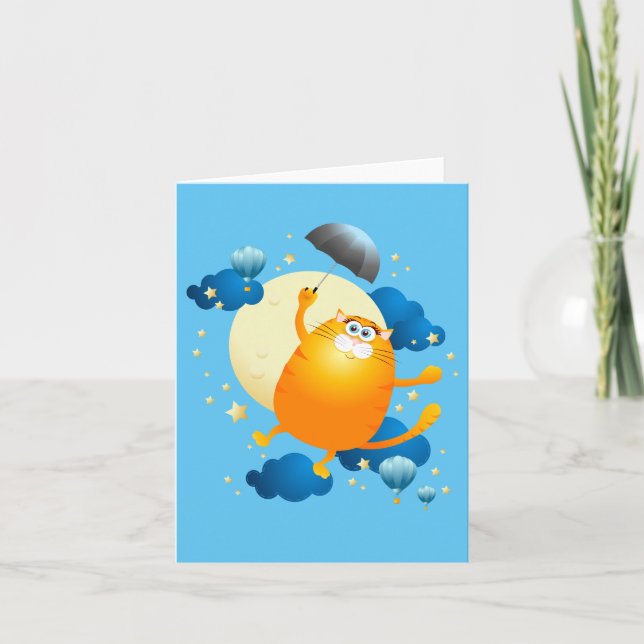 Cartão Gatinho bonito voando com guarda-chuva (Frente)