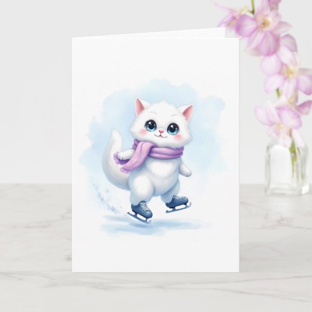 Cartão Gatinho Branco de Inverno Fofo Patinação no Gelo M (Orquídea)
