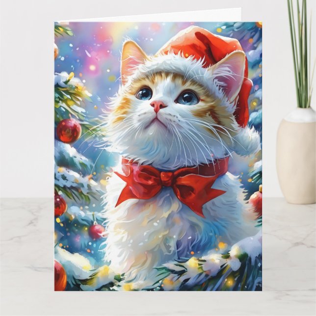 Cartão Gatinho branco festivo em um chapéu de Papai Noel (Frente)