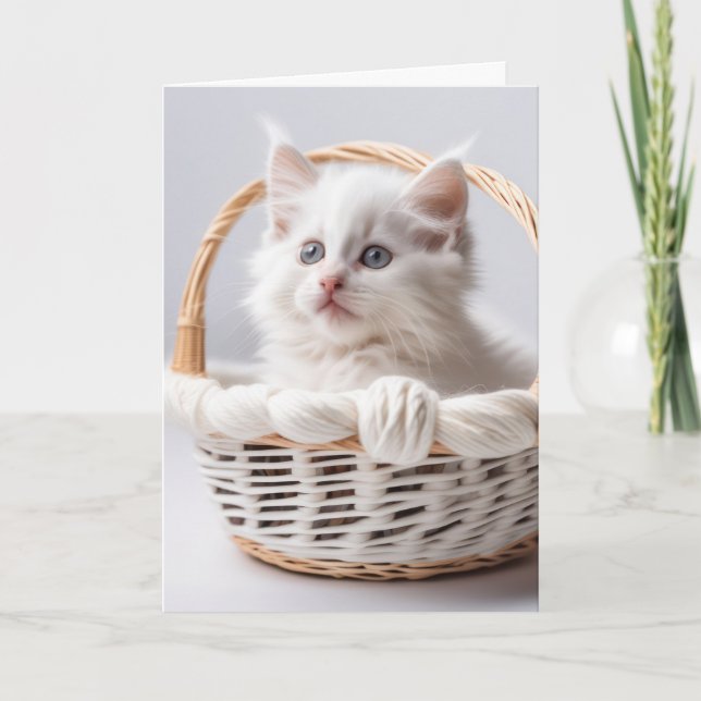 Cartão Gatinho branco na cesta para pensar em você (Frente)