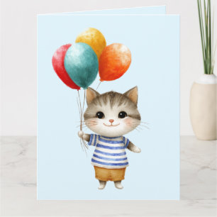 Cartão Gatinho com Balões de Aniversário Celebração de