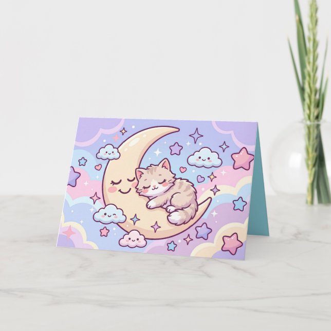 Cartão Gatinho da Lua Sonolento (Frente)