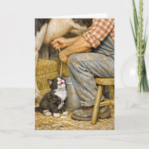 Cartão Gatinho de Aniversário Bebendo Leite de Vaca