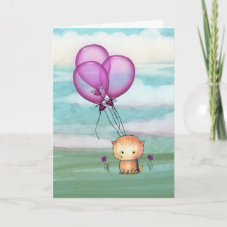 Cartão Gatinho de Aniversário com Balões Roxos